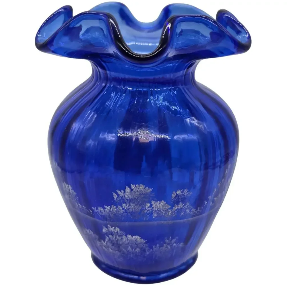 Fenton Blue Mary Gregory Art Glass Vase Hand Painted Signed Sue Jackson